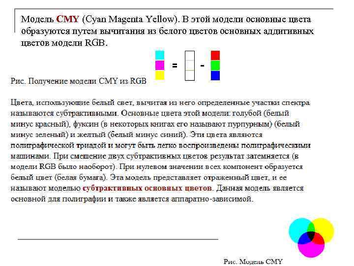 Модель CMY (Cyan Magenta Yellow). В этой модели основные цвета образуются путем вычитания из
