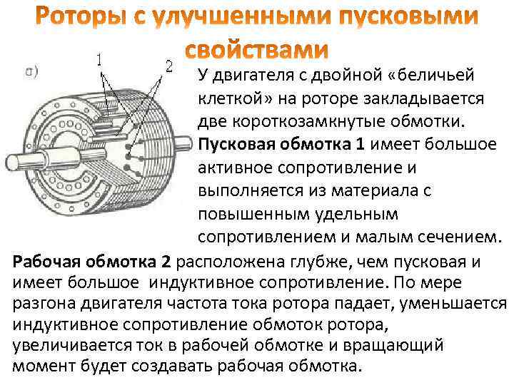 У двигателя с двойной «беличьей клеткой» на роторе закладывается две короткозамкнутые обмотки. Пусковая обмотка