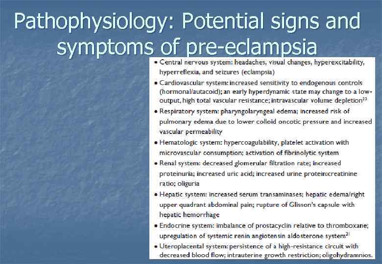 Pathophysiology: Potential signs and symptoms of pre eclampsia 