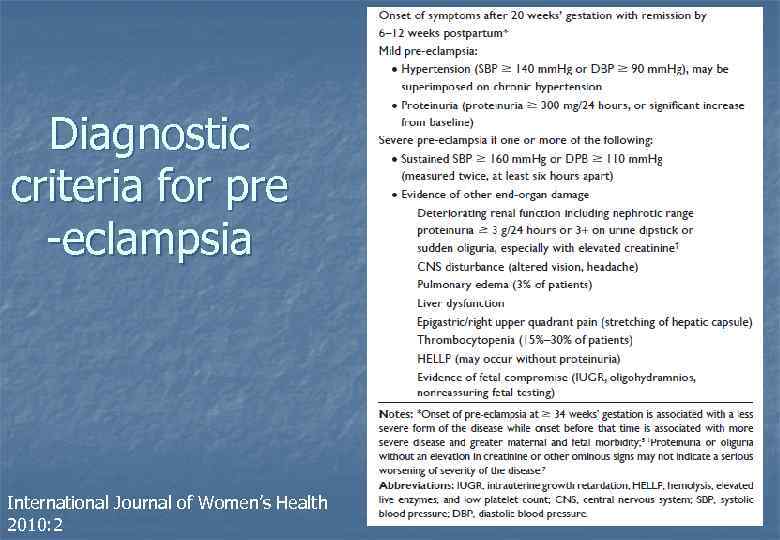 Diagnostic criteria for pre eclampsia International Journal of Women’s Health 2010: 2 