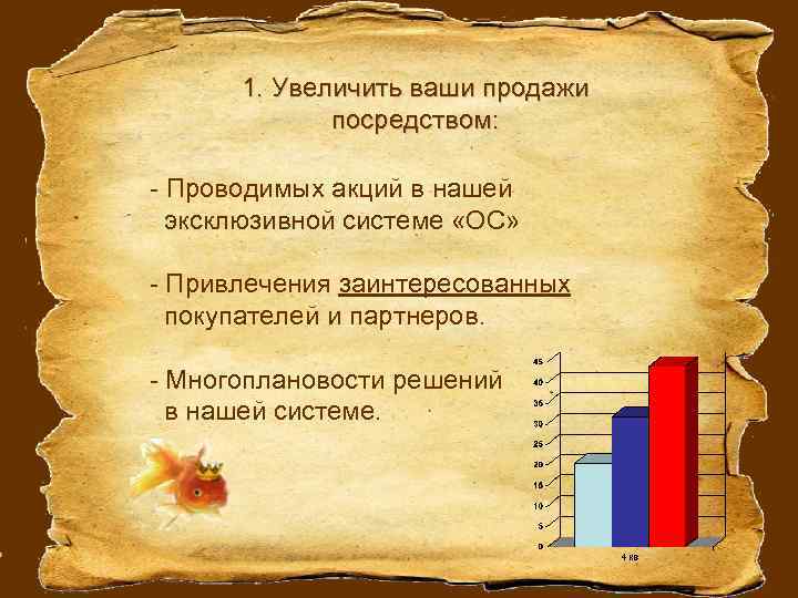 1. Увеличить ваши продажи посредством: - Проводимых акций в нашей эксклюзивной системе «ОС» -