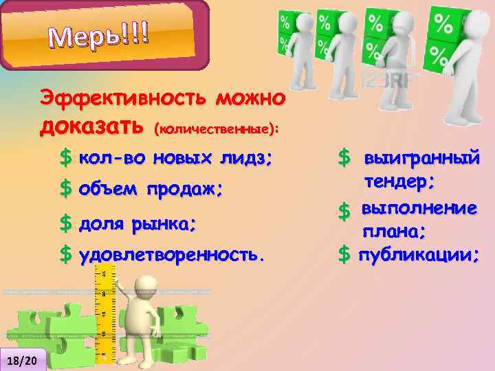 Мерь!!! Эффективность можно доказать (количественные): $ кол-во новых лидз; $ объем продаж; $ доля
