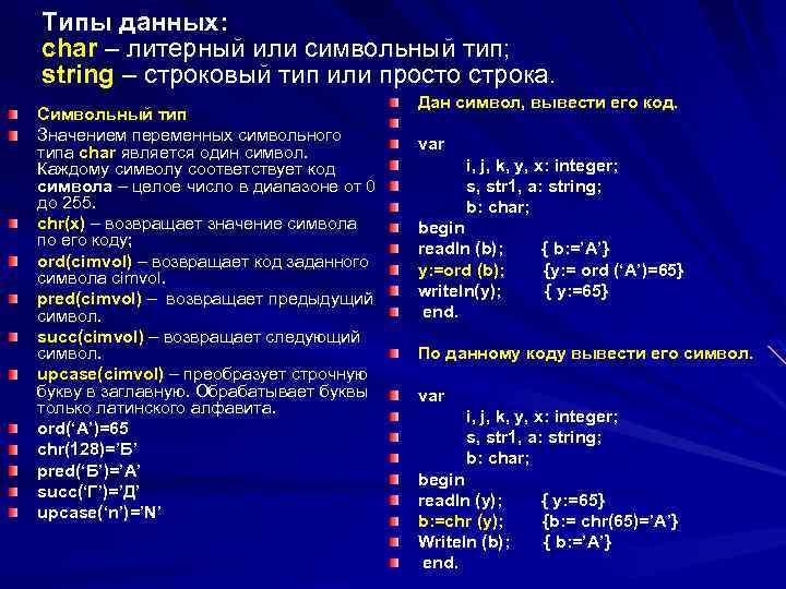 Установите соответствие типы данных