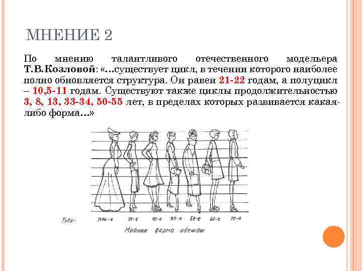 МНЕНИЕ 2 По мнению талантливого отечественного модельера Т. В. Козловой: «…существует цикл, в течении