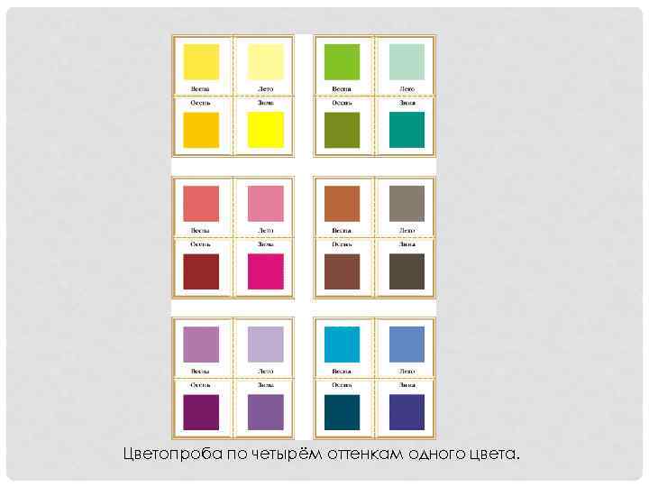 Цветопроба по четырём оттенкам одного цвета. 