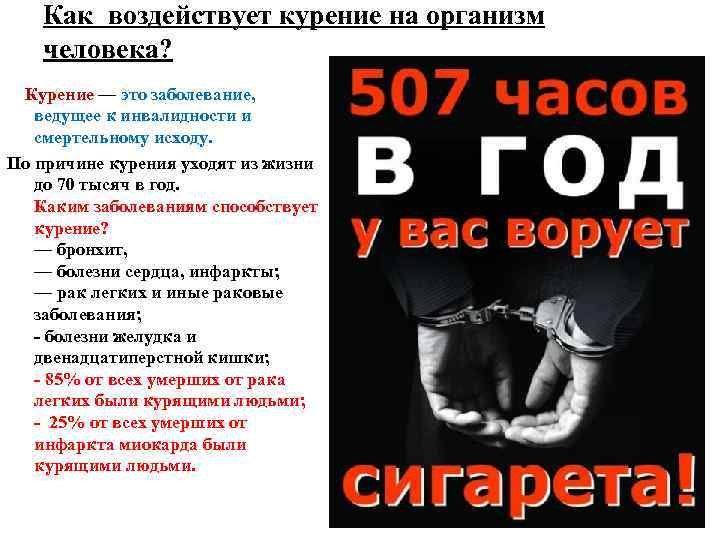 Как воздействует курение на организм человека? Курение — это заболевание, ведущее к инвалидности и