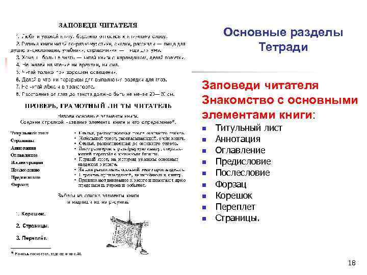 Основные разделы Тетради Заповеди читателя Знакомство с основными элементами книги: n n n n