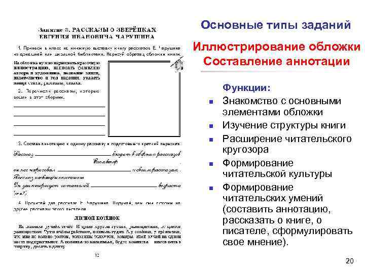 Основные типы заданий Иллюстрирование обложки Составление аннотации n n n Функции: Знакомство с основными