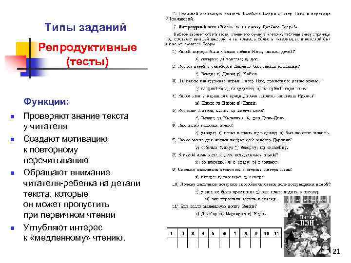 Типы заданий Репродуктивные (тесты) Функции: n n Проверяют знание текста у читателя Создают мотивацию
