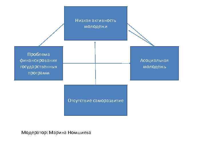 Низкая активность молодежи Проблема финансирования государственных программ Асоциальная молодежь Отсутствие саморазвитие Модератор: Марина Номшиева