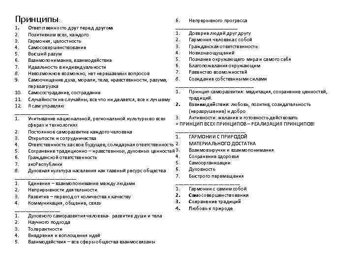 Принципы: 6. Непрерывного прогресса ____________ 1. Ответственность друг перед другом 1. Доверие людей другу