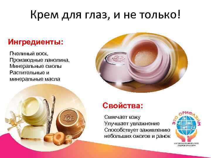 Крем для глаз, и не только! Ингредиенты: Пчелиный воск, Производные ланолина, Минеральные смолы Растительные