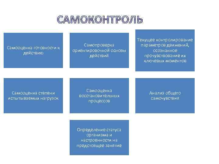 Самооценка готовности к действию Самопроверка ориентировочной основы действий Текущее контролирование параметров движений, осознанное прочувствование