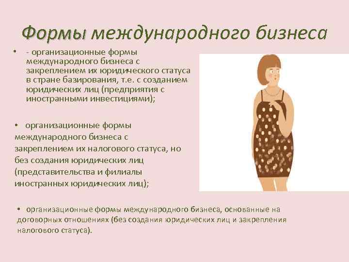 Формы международного бизнеса Формы • - организационные формы международного бизнеса с закреплением их юридического