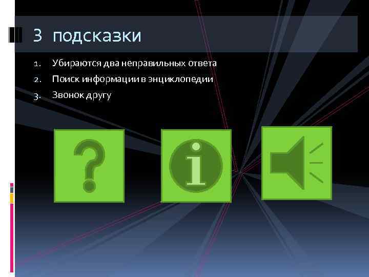 3 подсказки 1. Убираются два неправильных ответа 2. Поиск информации в энциклопедии 3. Звонок