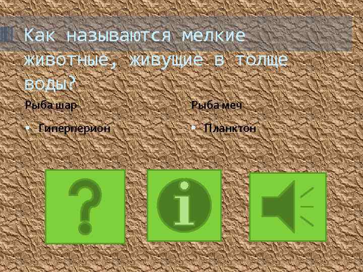 Как называются мелкие животные, живущие в толще воды? Рыба шар Рыба меч Гиперперион Планктон