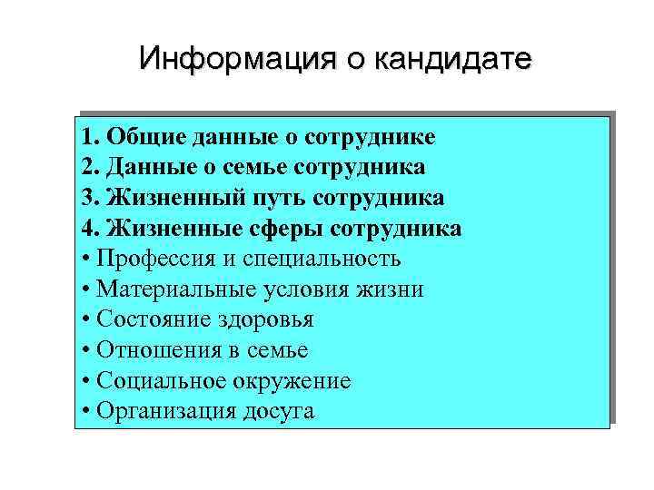 Информация о кандидате 1. Общие данные о сотруднике 2. Данные о семье сотрудника 3.