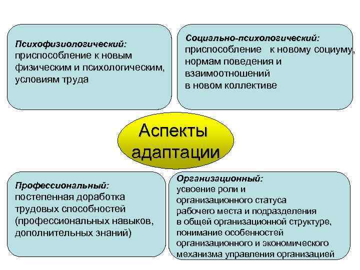 Социально-психологический: Психофизиологический: приспособление к новым физическим и психологическим, условиям труда приспособление к новому социуму,