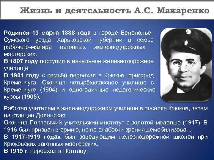 Жизнь и деятельность А. С. Макаренко Родился 13 марта 1888 года в городе Белополье