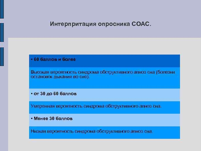 Интерпритация опросника СОАС. • 60 баллов и более Высокая вероятность синдрома обструктивного апноэ сна