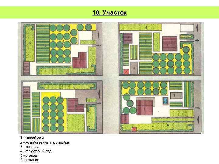 10. Участок 1 жилой дом 2 хозяйственная постройка 3 теплица 4 фруктовый сад 5