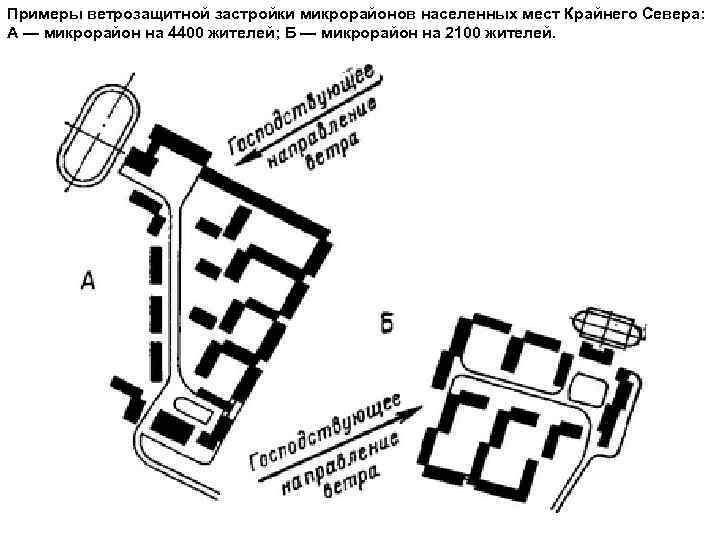 Примеры ветрозащитной застройки микрорайонов населенных мест Крайнего Севера: А — микрорайон на 4400 жителей;