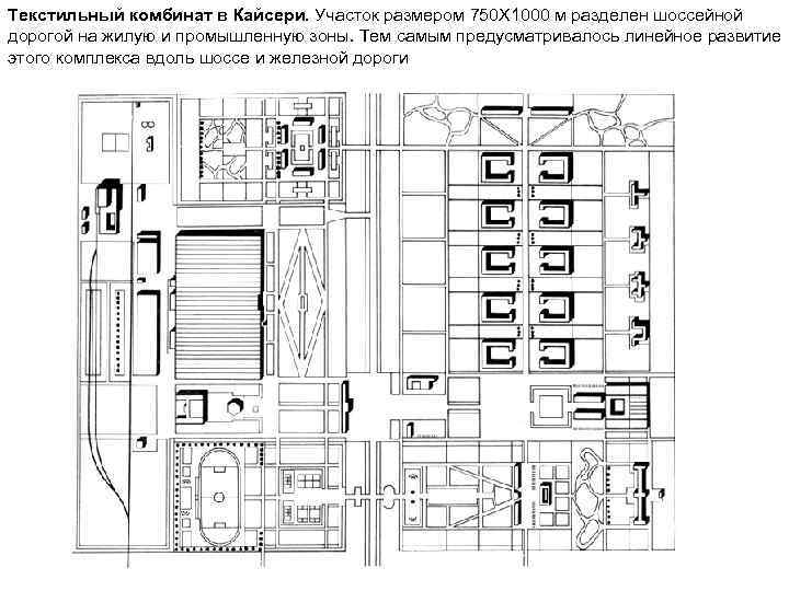 Текстильный комбинат в Кайсери. Участок размером 750 X 1000 м разделен шоссейной дорогой на