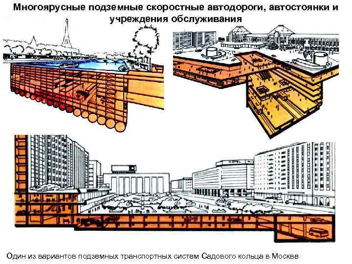 Многоярусные подземные скоростные автодороги, автостоянки и учреждения обслуживания Один из вариантов подземных транспортных систем