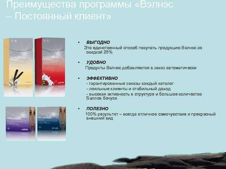 Преимущества программы «Вэлнэс – Постоянный клиент» • ВЫГОДНО Это единственный способ покупать продукцию Вэлнэс