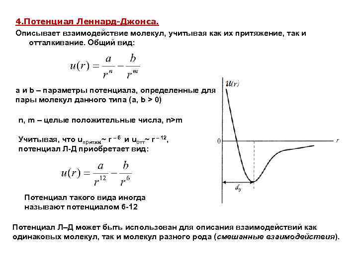 4. Потенциал Леннард-Джонса. Описывает взаимодействие молекул, учитывая как их притяжение, так и отталкивание. Общий