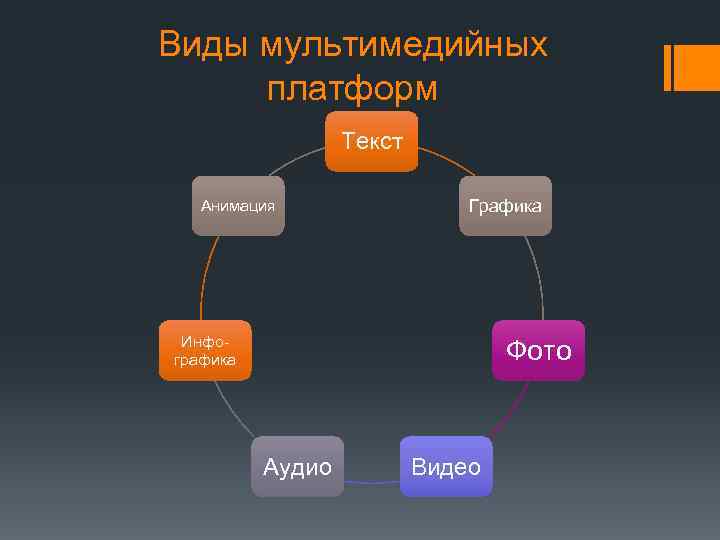 Виды мультимедийных платформ Текст Анимация Графика Инфографика Фото Аудио Видео 