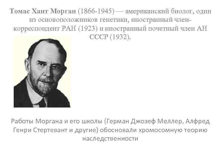 Томас Хант Морган (1866 -1945) — американский биолог, один из основоположников генетики, иностранный членкорреспондент