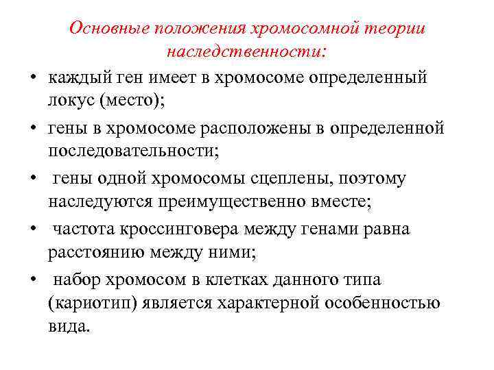  • • • Основные положения хромосомной теории наследственности: каждый ген имеет в хромосоме