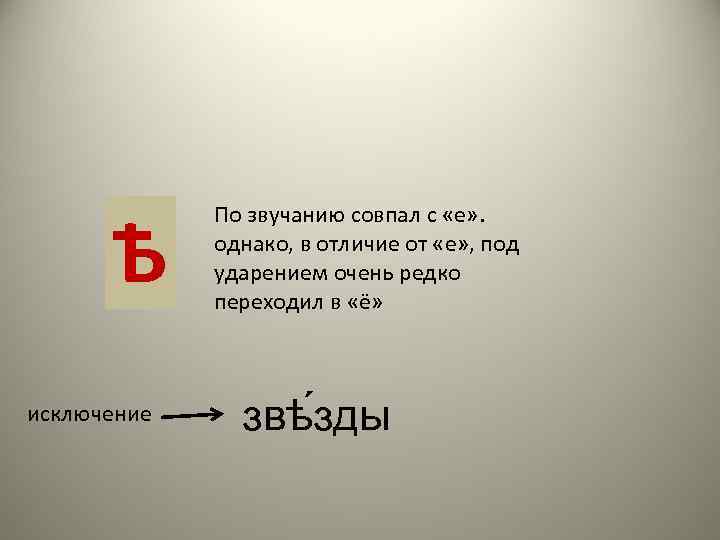 Ѣ исключение По звучанию совпал с «е» . однако, в отличие от «е» ,