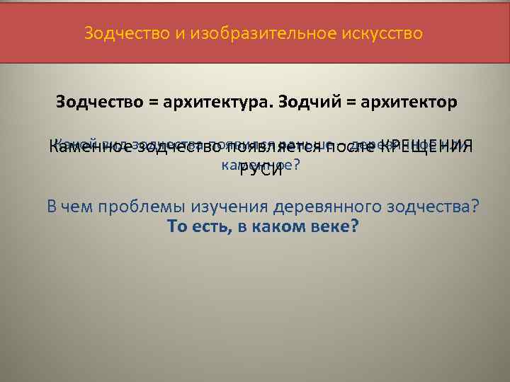 Зодчество и изобразительное искусство Зодчество = архитектура. Зодчий = архитектор Какой вид зодчество появляется