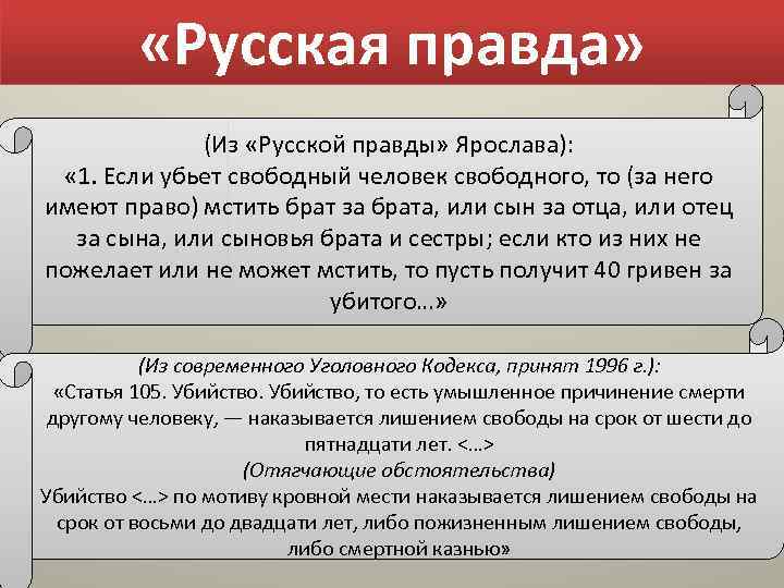  «Русская правда» (Из «Русской правды» Ярослава): « 1. Если убьет свободный человек свободного,