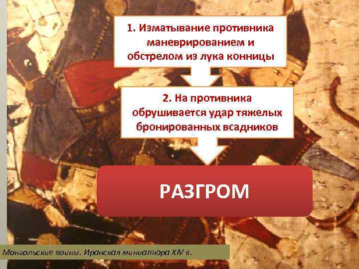 1. Изматывание противника маневрированием и обстрелом из лука конницы 2. На противника обрушивается удар