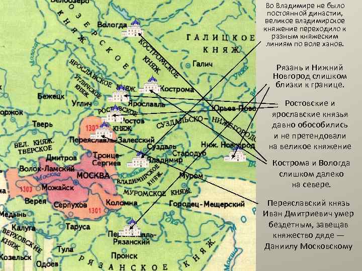 Во Владимире не было постоянной династии, великое владимирское княжение переходило к разным княжеским линиям