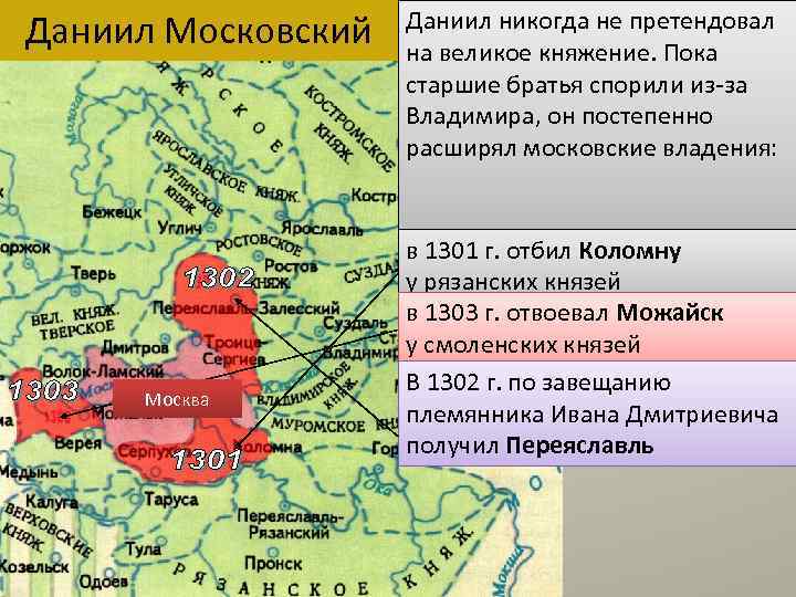 Даниил Московский Москва Даниил никогда не претендовал на великое княжение. Пока старшие братья спорили