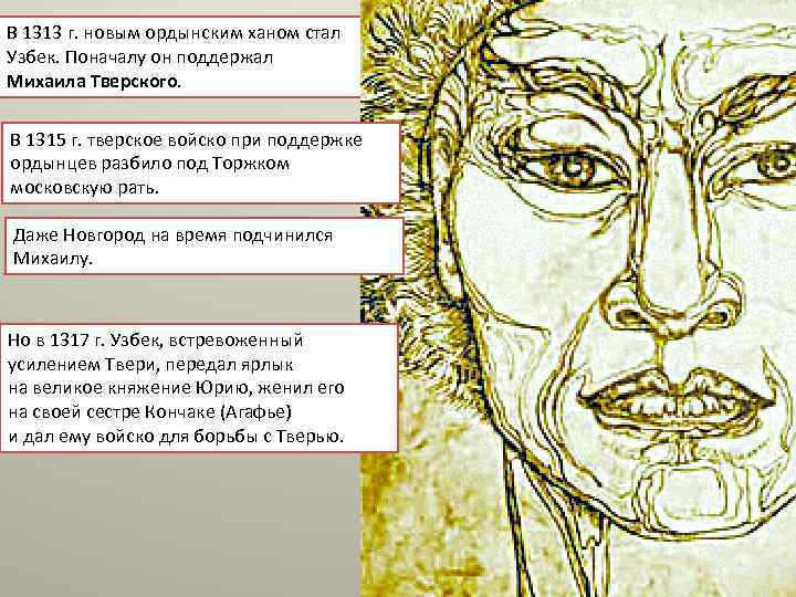 В 1313 г. новым ордынским ханом стал Узбек. Поначалу он поддержал Михаила Тверского. В