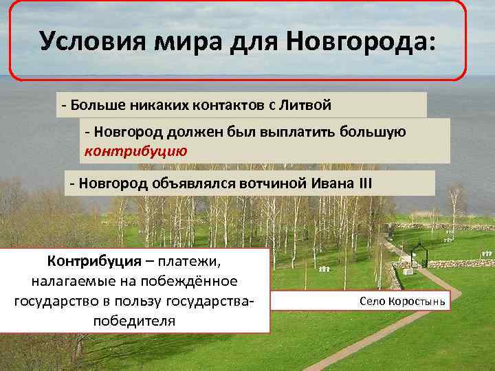 Условия мира для Новгорода: - Больше никаких контактов с Литвой - Новгород должен был