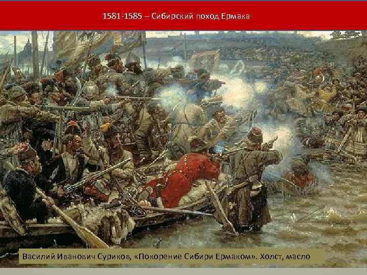 1581 -1585 – Сибирский поход Ермака Василий Иванович Суриков, «Покорение Сибири Ермаком» . Холст,