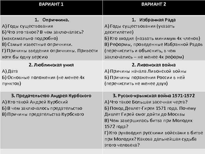 ВАРИАНТ 1 ВАРИАНТ 2 1. Опричнина. А) Годы существования Б) Что это такое? В