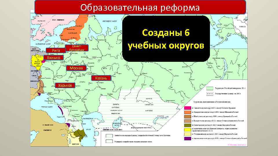 Образовательная реформа Рига Созданы 6 учебных округов Санкт. Петербург Вильно Москва Казань Харьков 