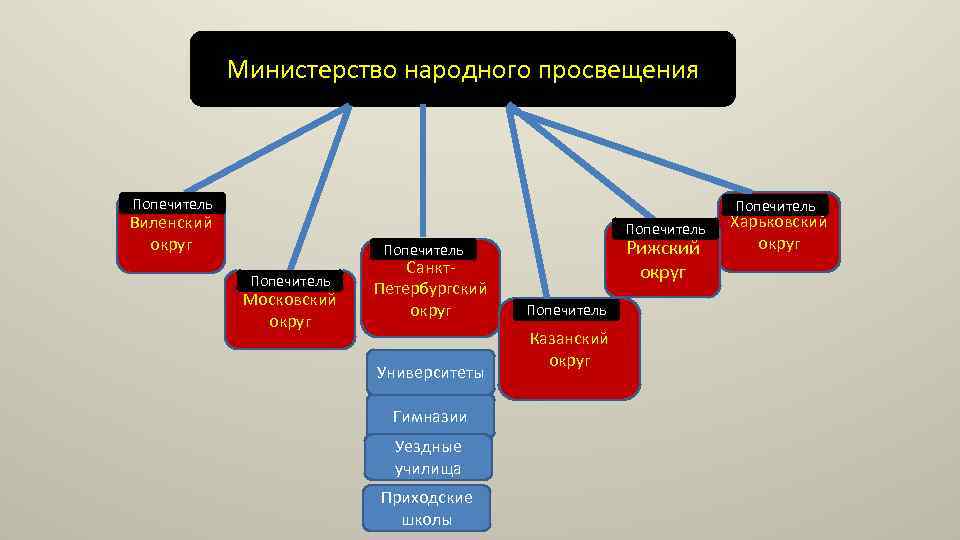 Министерство народного просвещения Попечитель Виленский округ Попечитель Рижский округ Попечитель Московский округ Санкт. Петербургский