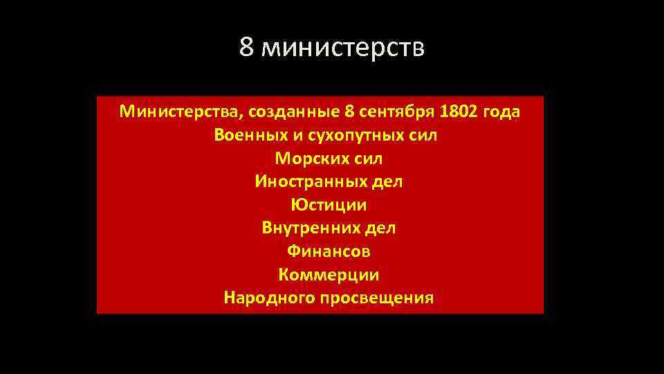 8 министерств Министерства, созданные 8 сентября 1802 года Военных и сухопутных сил Морских сил