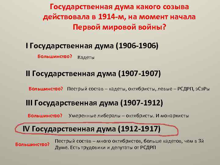 Государственная дума какого созыва действовала в 1914 -м, на момент начала Первой мировой войны?