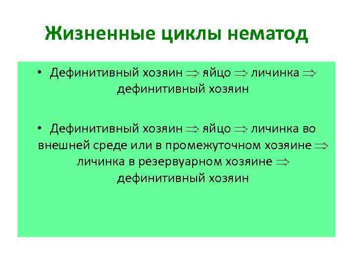 Жизненные циклы нематод • Дефинитивный хозяин яйцо личинка дефинитивный хозяин • Дефинитивный хозяин яйцо