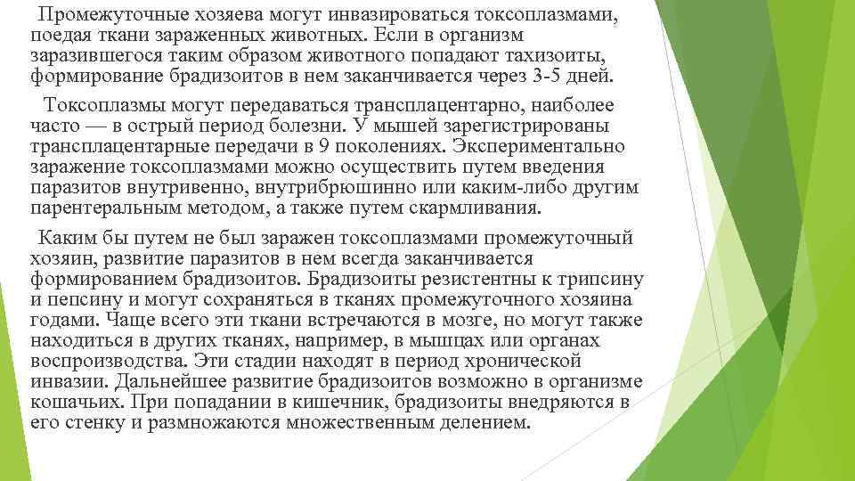 Промежуточные хозяева могут инвазироваться токсоплазмами, поедая ткани зараженных животных. Если в организм заразившегося таким