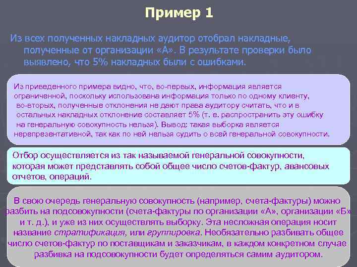 Пример 1 Из всех полученных накладных аудитор отобрал накладные, полученные от организации «А» .